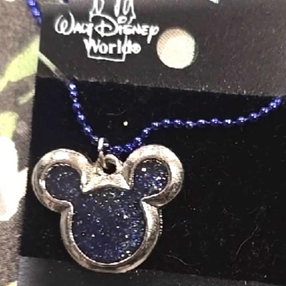 5/$25 Disney Mickey Mouse Head Pendant silver tone Necklace blue Sparkles